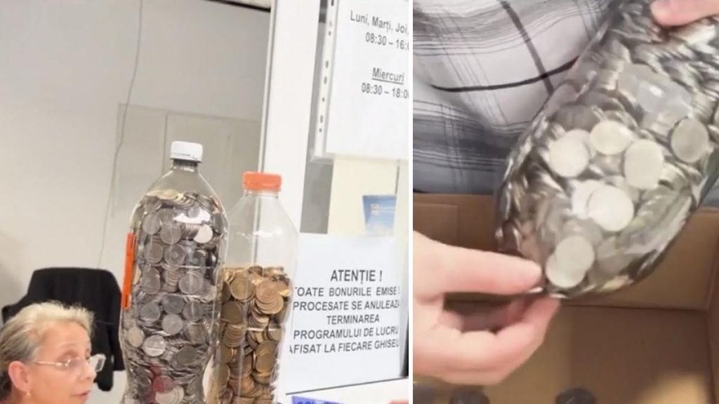 Un barbat din Craiova a fost sa isi achite taxele cu 3 kg de monede transportate in sticle de plastic