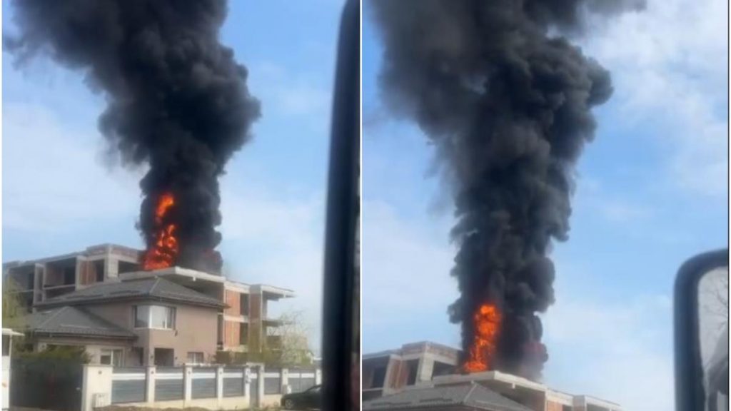 Incendiu puternic langa Bucuresti Un bloc in constructie din Tunari a fost cuprins de flacari