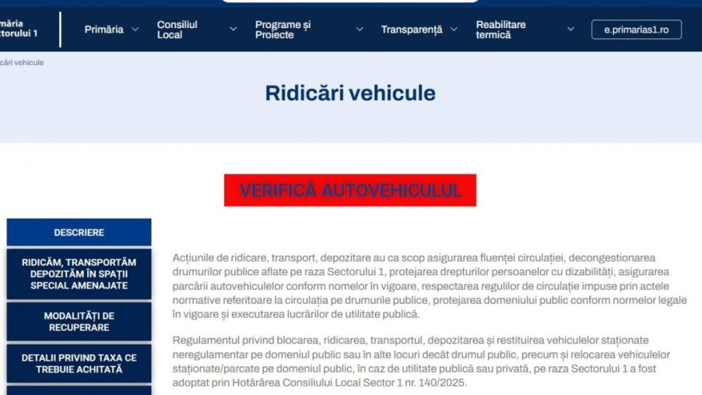 Primaria Sectorului 1 introduce un serviciu online pentru verificarea masinilor ridicate de pe domeniu