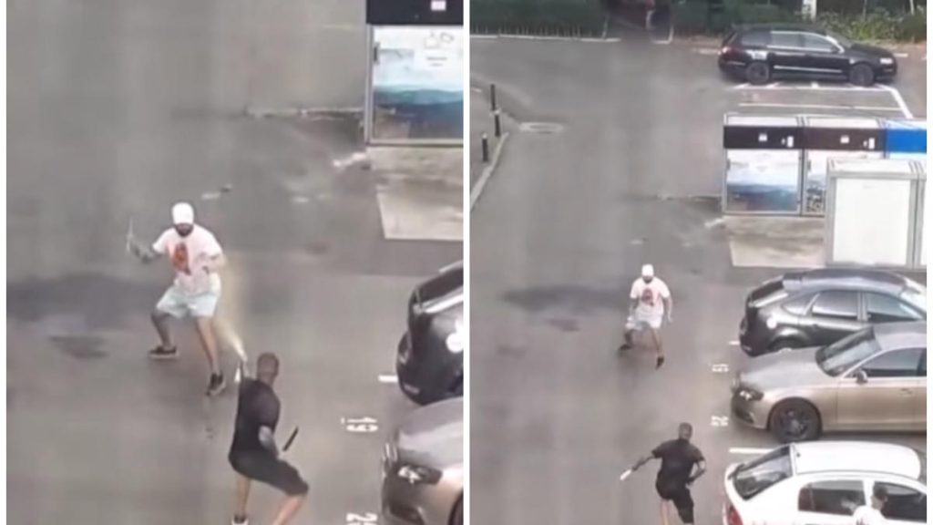 Bătaie cu macete, cuțite și spray lacrimogen, în mijlocul străzii, la Târgu Jiu. Imaginile au fost… Bataie cu macete cutite si spray lacrimogen in mijlocul strazii la Targu Jiu Imaginile au fost